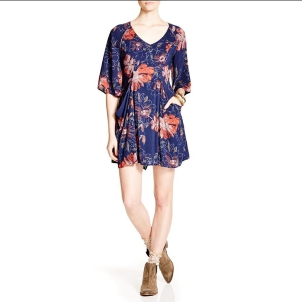 Free People Eyes on you floral blue boho mini dress pockets size 2